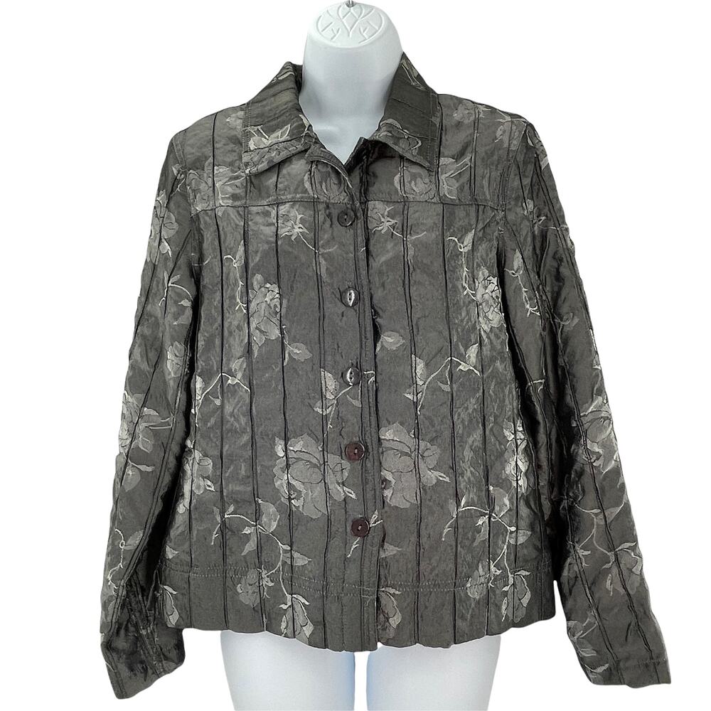 Erin London Gray Floral Shiny Vertical Quilt Striped Button Casual Coat Jacket M